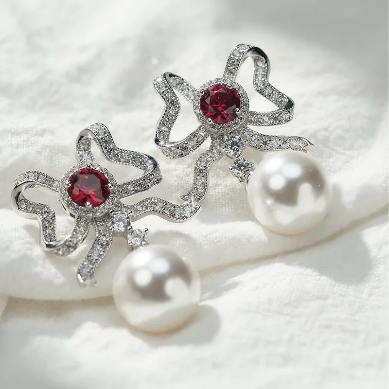 

S925 Silver Earring Bow Inlaid with Red and Blue Treasure Earrings Full body Pearl 13m High Grade Earring Jewelry