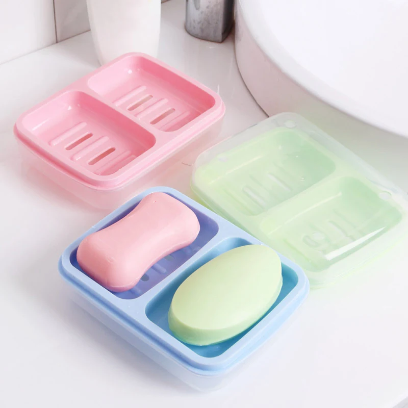 

Double Grid Soap Dish with Lid Creative Portable Soap Box Drain Soap Storage Case Bathroom Accessories