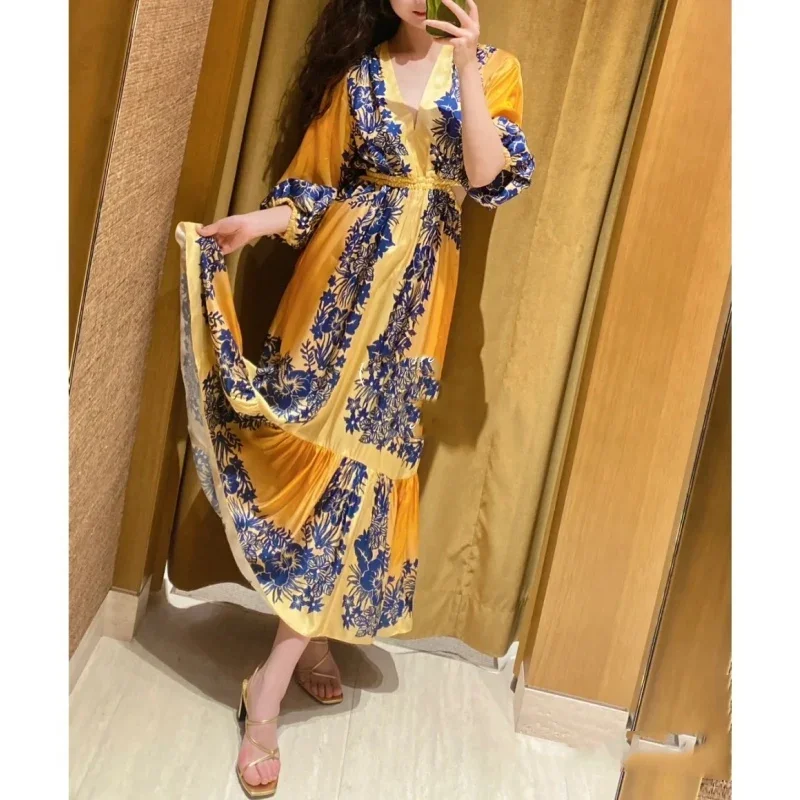 Women Floral Printed Robe Waist Hollow Out V-Neck Lantern Sleeve Vintage Spring 2024 Midi Dress