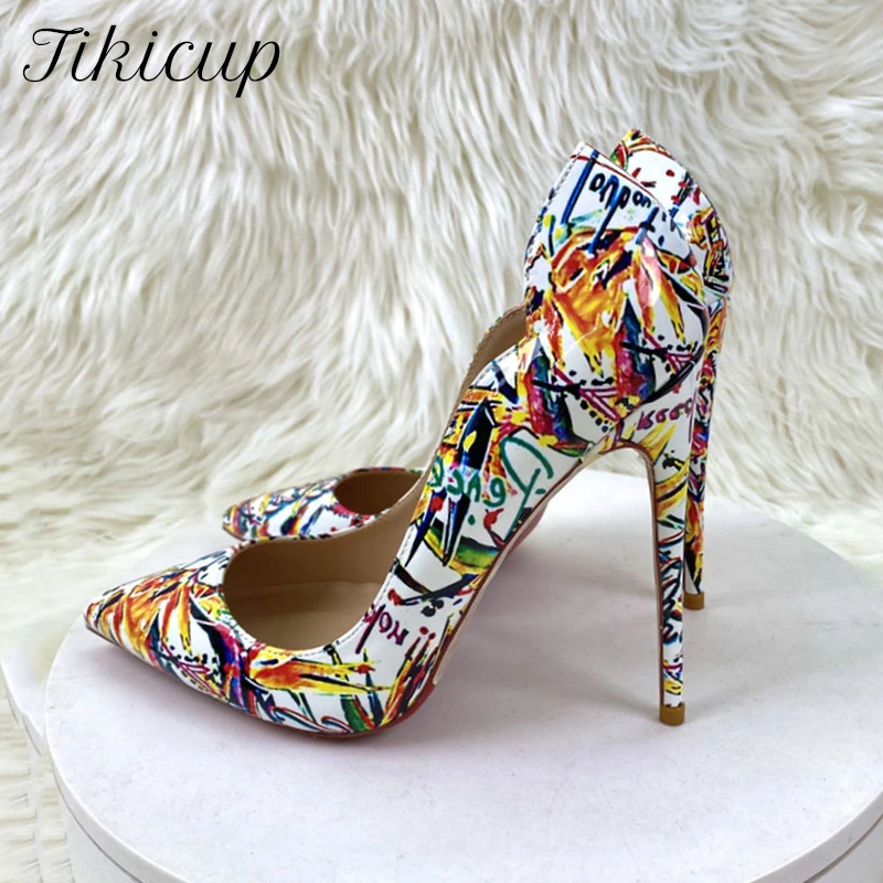 Tikicup Floral Print Women V-Cut Edged Pointy Toe High Heel Shoes for Party Show Sexy Slip On Stiletto Pumps for Party Dress