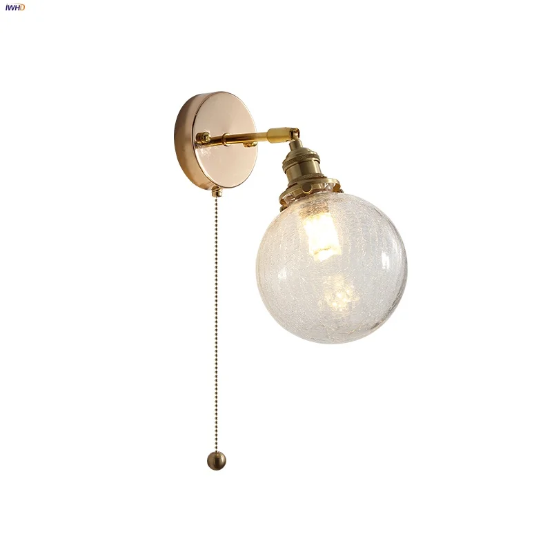 

IWHD Globe Clear Glass LED Wall Lamp Sconce Pull Chain Switch Cafe Porch Living Room Nordic Modern Bathroom Mirror Light Fixture