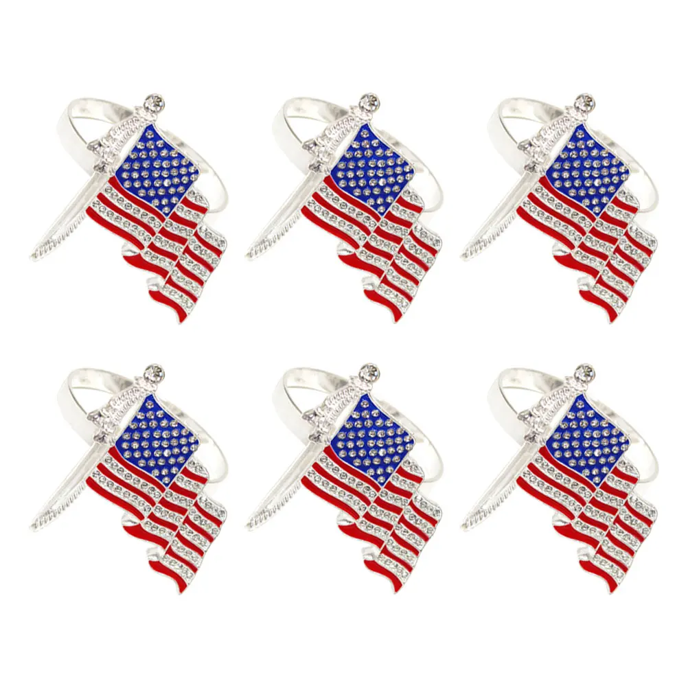 

6Pcs Napkin Rings Patriotic American Flag Design Rhinestone Embellished Table Decorations Independence Day Supplies Sturdy Zinc