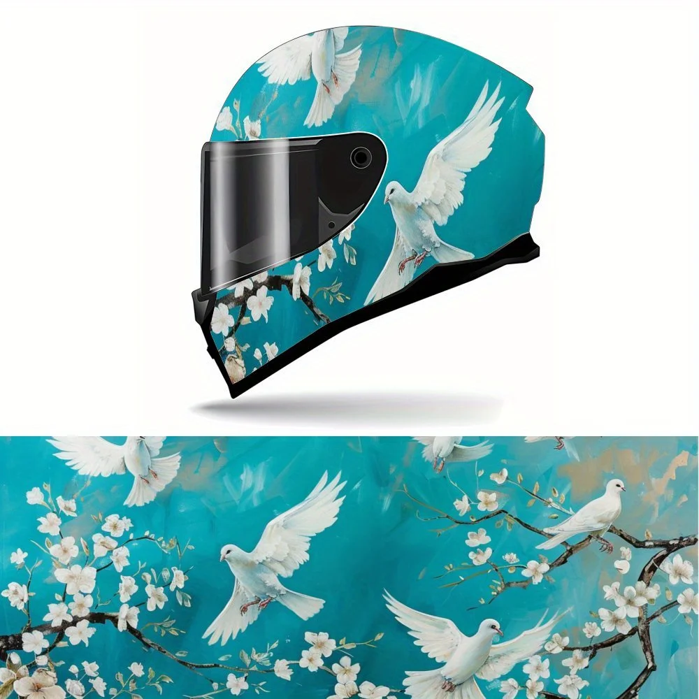 

White Dove and Flower PVC Motorcycle Helmet Vinyl Wrap, Self-Adhesive Waterproof Sticker, Anti-Scratch Decorative Film for Full