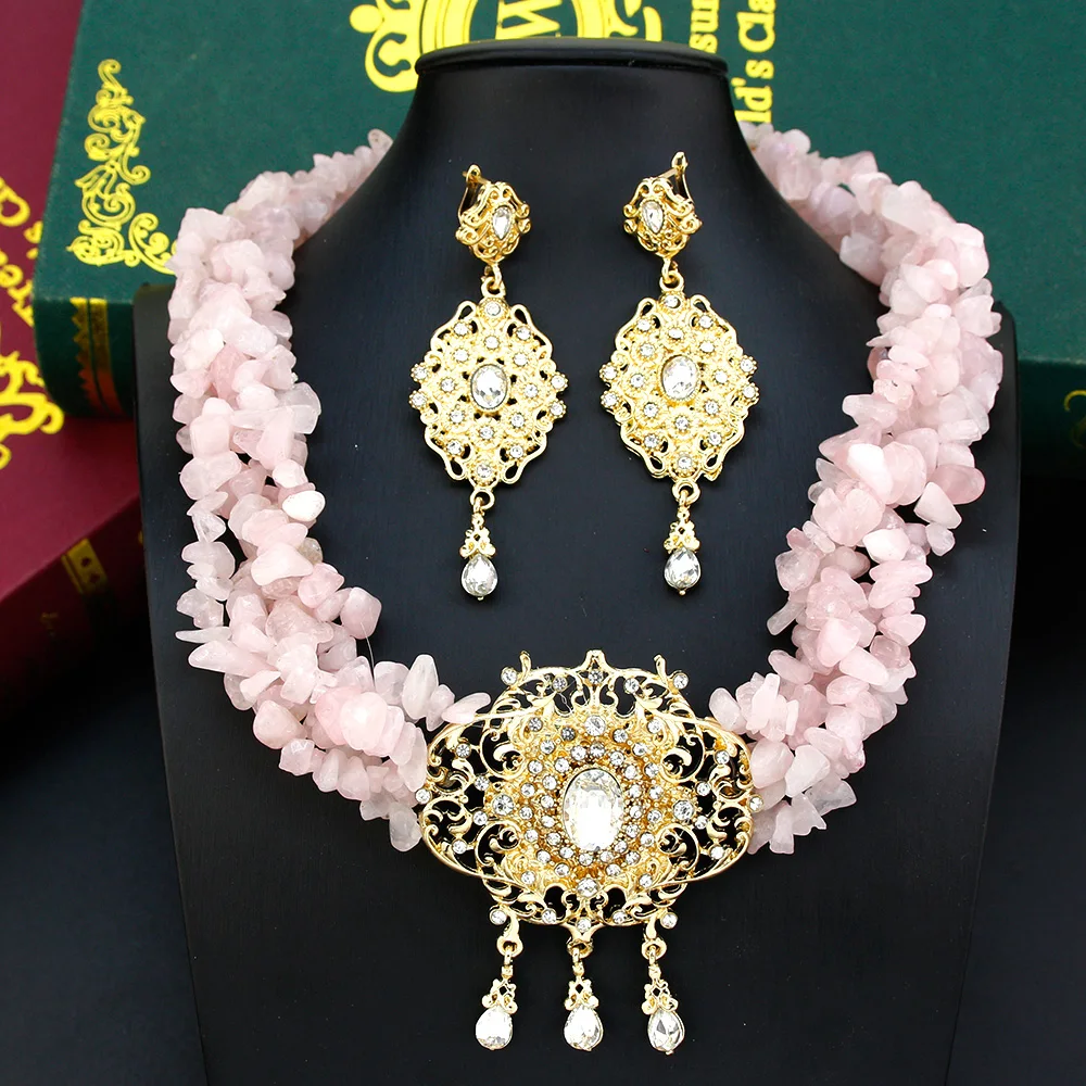 

Sunspicems New Natural Stone Choker Necklace For Women Morocco Bride Jewelry Sets Gold Color Long Drop Earring Woven Stone Chain