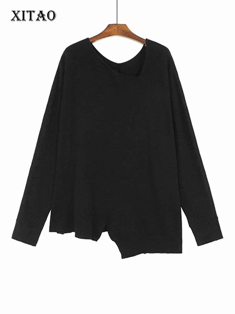 

XITAO Asymmetric Knit Pullovers Solid Color V-neck All-match Women Spring Loose Simplicity Temperament Sweaters LYD1291