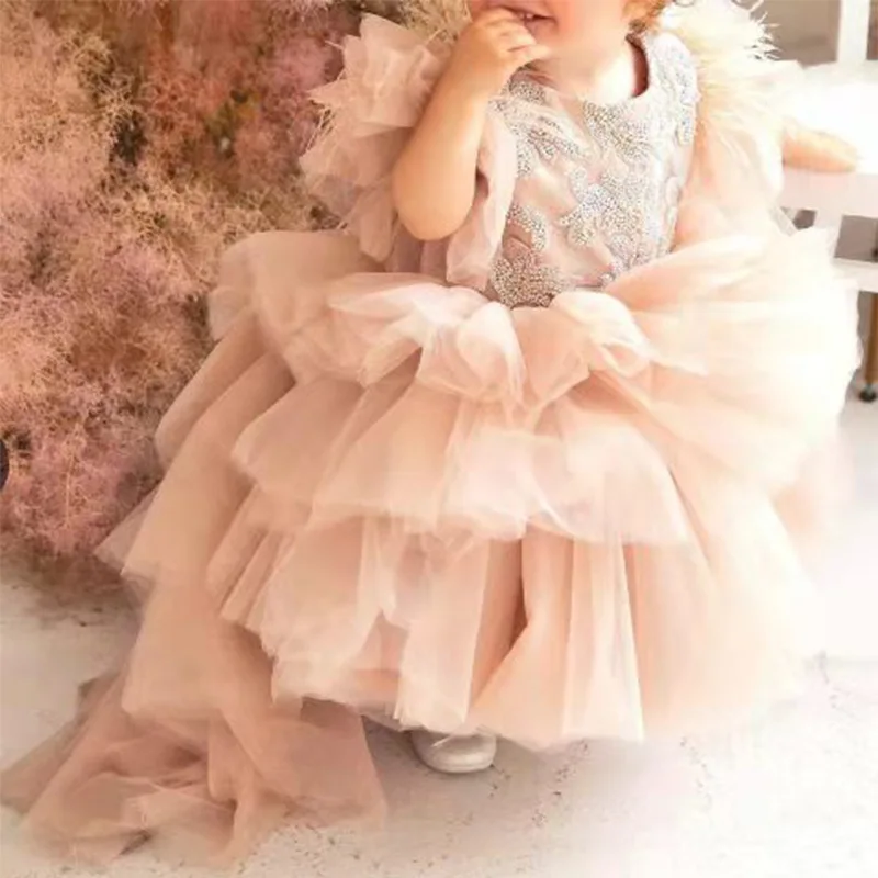 Flower girl dress net yarn Xiaofei sleeve ruffled child birthday party dress princess dance dress pink princess Christmas costum