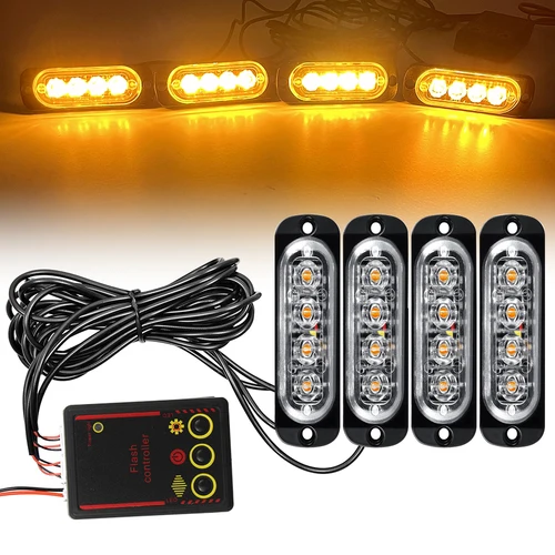 Luces de emergencia para coche, luz estroboscópica de policía, ámbar, lámpara de señal intermitente de advertencia, baliza de 12V/24V para remolque y camión, 4LED