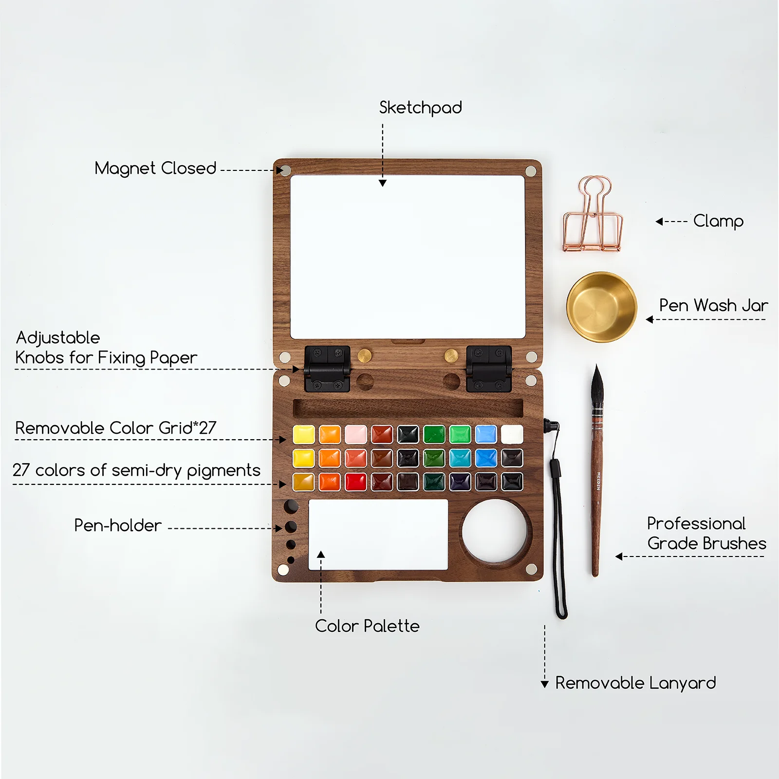 MEEDEN  Travel Watercolor Paint Set 27 Colors American Black Walnut Wood Portable Box, Paint Kit with Brushes Artist