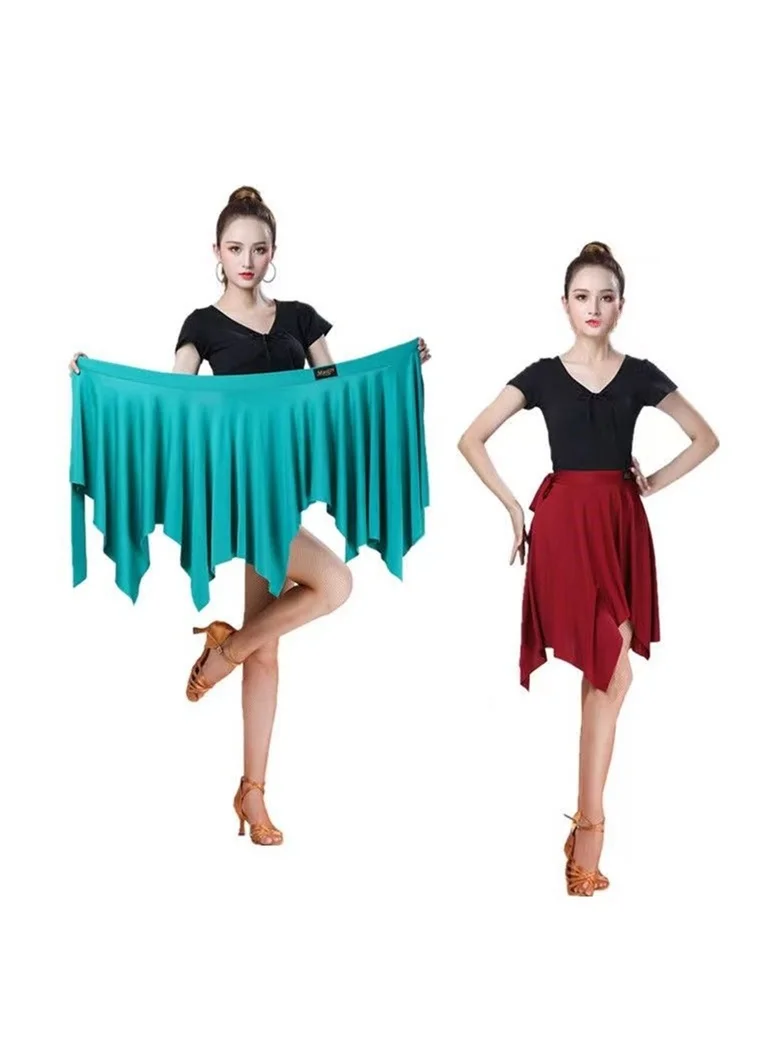 กระโปรงเต้นลาตินสำหรับผู้ใหญ่พร้อมเข็มขัด กระโปรงซ้อมเต้นแบบไม่สมมาตร กระโปรงเต้นสแควร์แดนซ์ กระโปรงยาวสำหรับผู้หญิง