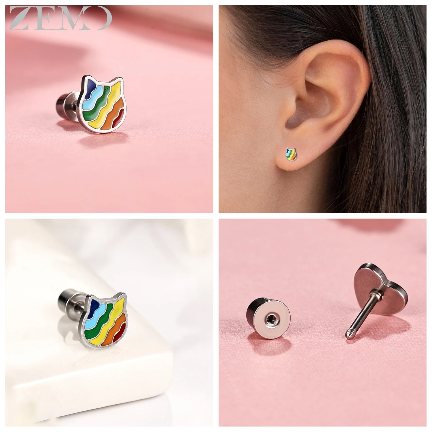 ZEMO 1 PC 20G Cute Cartoon Stainless Steel Stud Earring Women Girls Rainbow Book Shell Candy Conch Helix Lobe Piercings Earrings