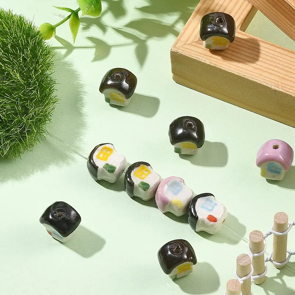 10x House Shape Ceramic Beads Colorful Hand Painted Porcelain Loose Space Beads for DIY Bracelet Necklace Earring Jewelry Making