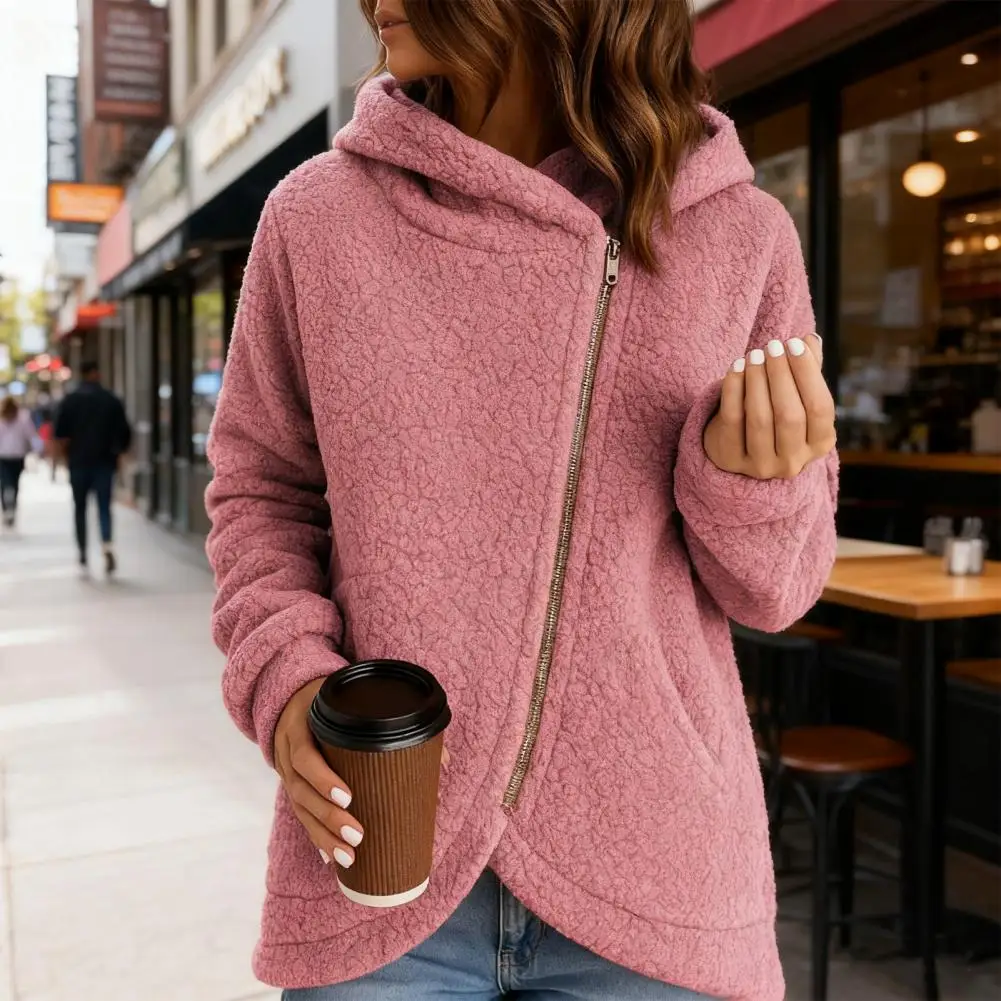Velvet Warm Jacket for Women Women's Fleece Jacket with Sherpa Lining Hooded Zip-up Coat with Pockets Long Sleeve Fall for Cold