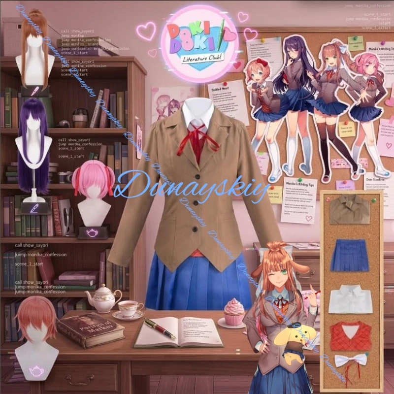 Disfraz de Cosplay de Anime Doki Doki Literature Club, Monika, Sayori, Yuri, Natsuki, Peluca, Uniforme Escolar para Mujer, Falda Marrón, Traje, Zapatos