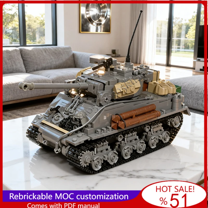 

1087 PCS MOC Customize Battle Series M4A3E8 Tank Model DIY Assembled Educational Creative Children Toy Educational Birthday Gift