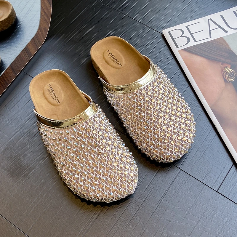 

2025 new flat niche slippers: rhinestone-studded, stylish hollow-out,-style mesh breathable sandals for spring & summer