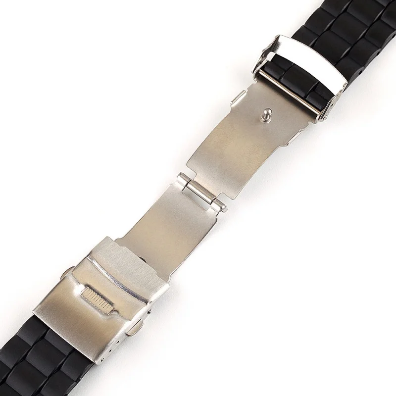 20 مللي متر 22 مللي متر جودة عالية حزام ساعة سيليكون أسود الفولاذ المقاوم للصدأ للطي مشبك ساعة حزام (استيك) ساعة لفرقة مقاومة للماء العالمية