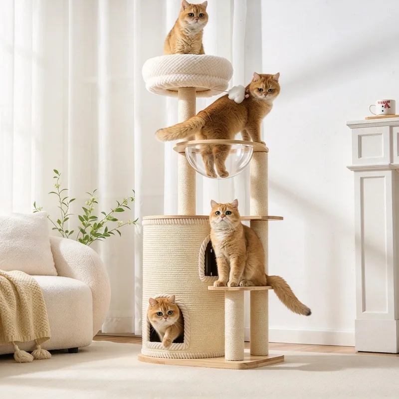 Solid Wood Cat Tree Large Sisal Cat Scratching Post Indoor Cats Kitten Play House Living Room Multi Level Activity Cats Trees