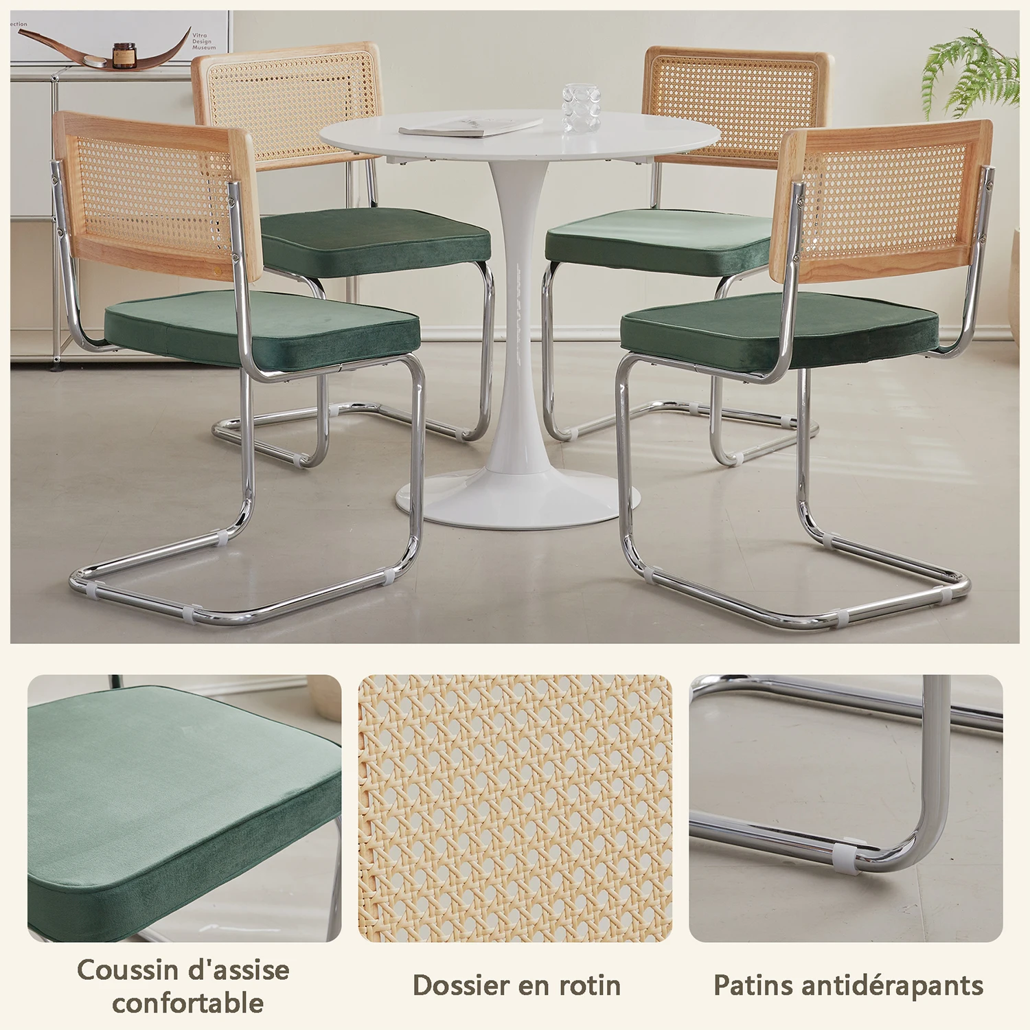 GrandCA HOME 2/4 Stück nordische Esszimmerstühle, mit holländischem Samt gepolstert, Edelstahlrahmen, Stühle mit Rattan-Rückenlehne für Wohnzimmer – Detail 2
