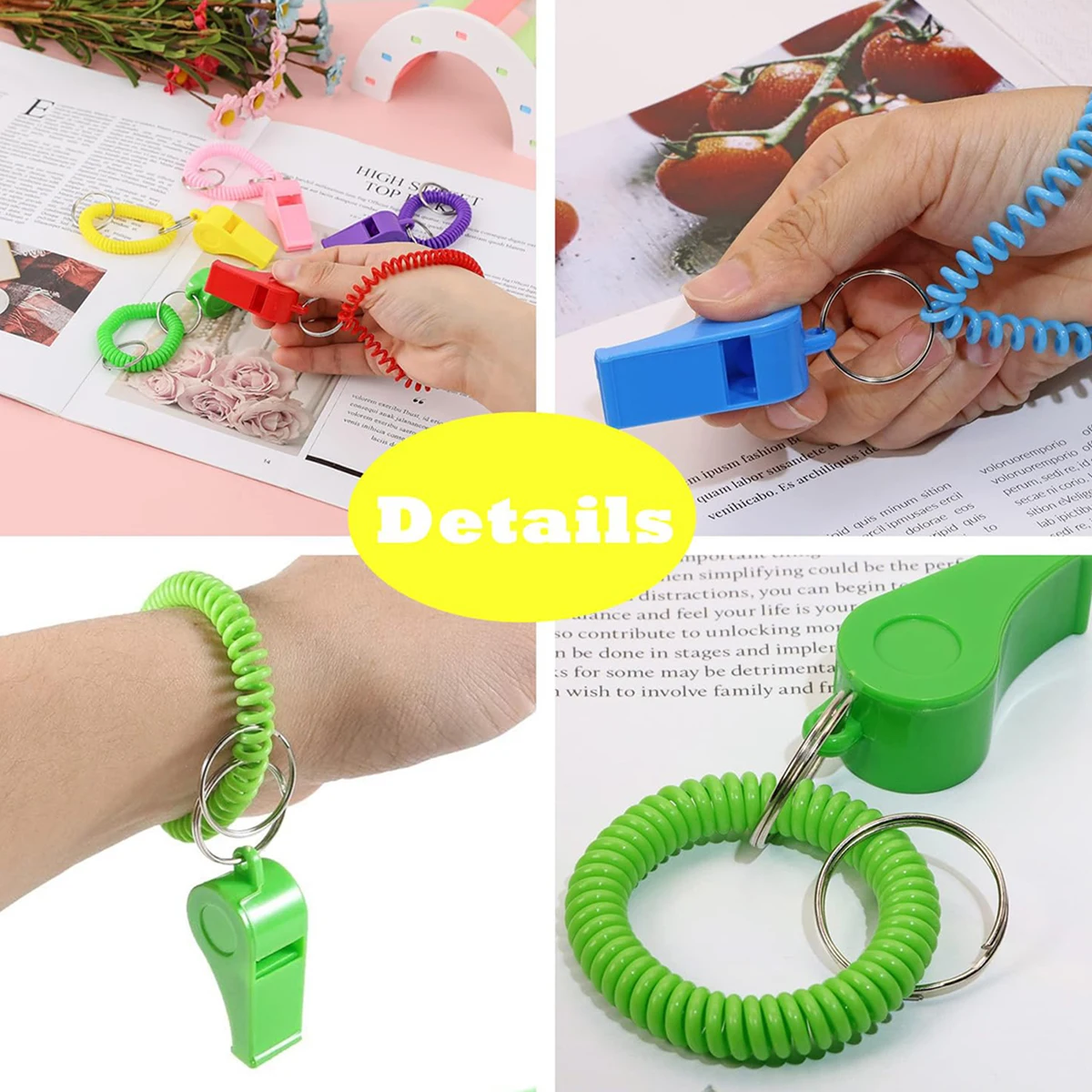 6 قطع من صفارة رياضية مع سوار صفارات بلاستيكية مع حلقة مفاتيح معصم قابلة للتمدد للمدربين والحكام