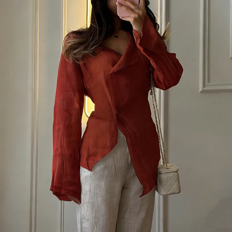 Blusas elegantes con cordones para oficina, ropa de calle informal de Color sólido, camisetas para mujer, camiseta Irregular de manga larga con cuello en V a la moda