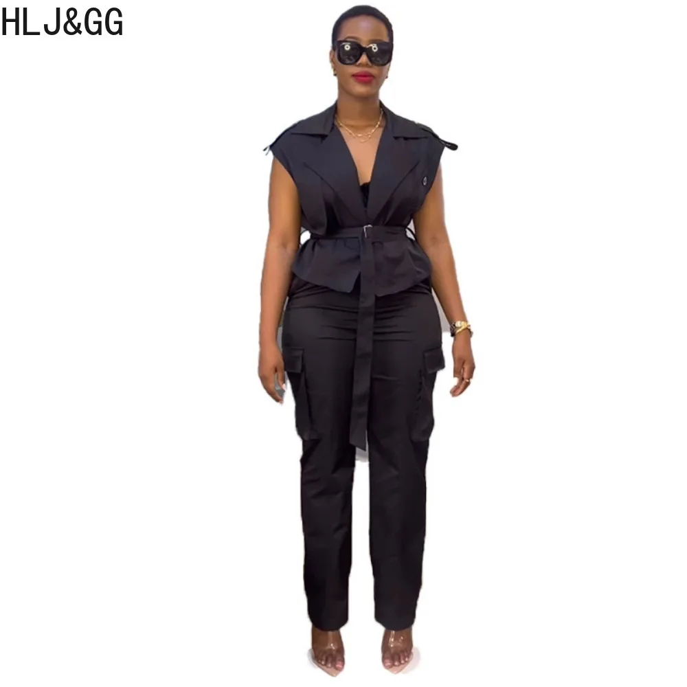 HLJ&GG Elegant Lady Solid Pocket Cargo Pants Two Piece Sets Women Turndown Collar Deep V Sleeveless Top+Pants Outfits with Belt