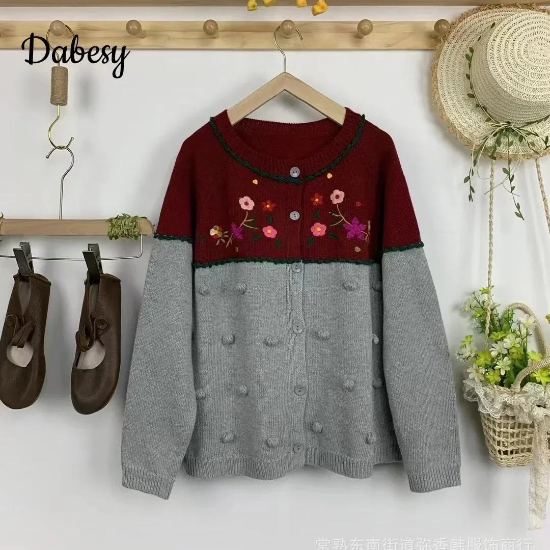 Autumn Vintage Color Contrast Patchwork Knitted Cardigan Women Japanese Mori Girl Embroidery Single-breasted Loose Sweater Coat