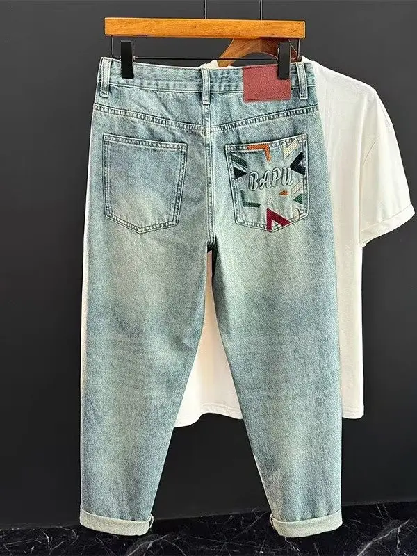 

Retro American Waed Embroidered Jeans Loose Fit Men's Summer Denim Pants Cone ape Straight Casual Trousers