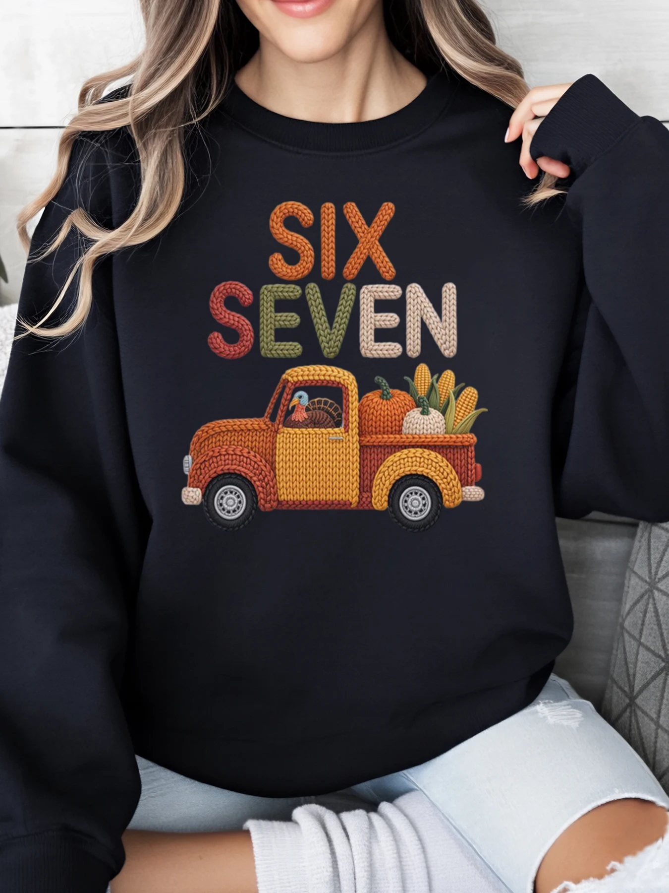 

Толстовка на День Благодарения с принтом грузовика Six Seven Harvest, женская осенняя повседневная одежда, черный, больших размеров