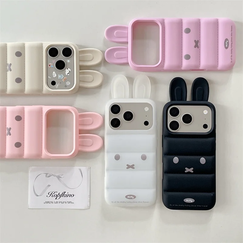 Kawaii 3D Bunny miffy Ears Puffer Phone Case For iPhone 17 1