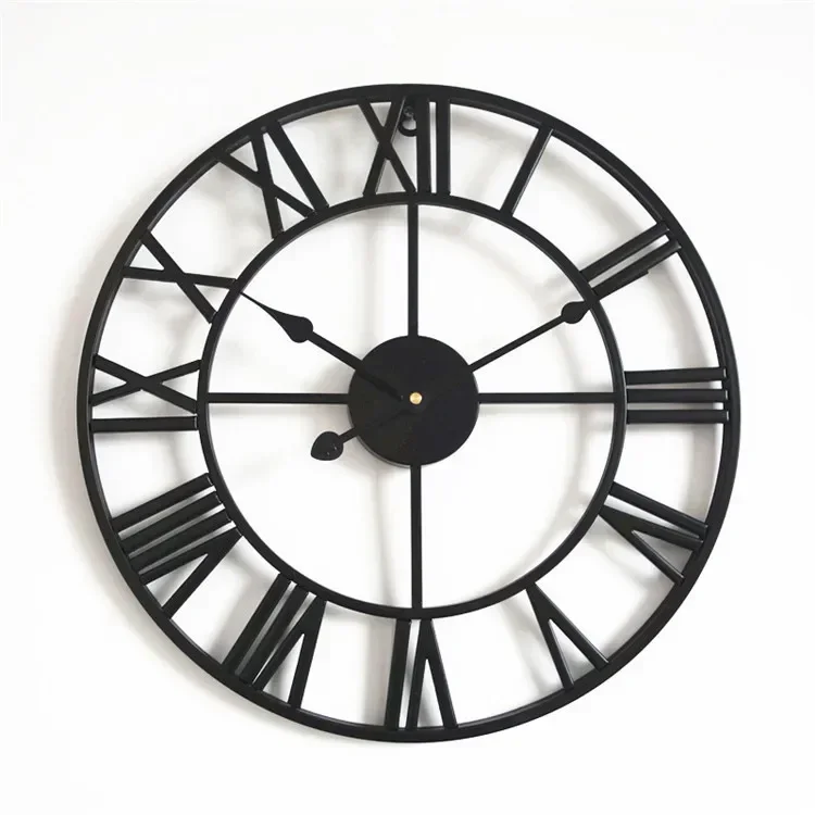 40CM Nordic Metal Roman Numeral Wall Clocks Retro Iron Round Face Black Gold Large Outdoor Garden Clock Home Decoration