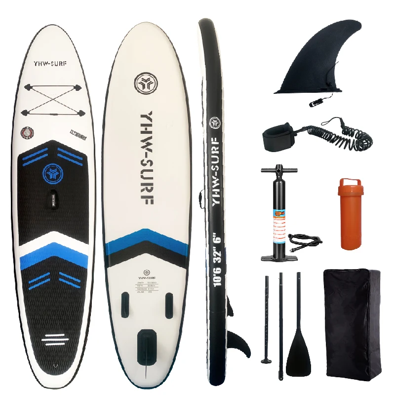 

Надувная стоячая доска для серфинга, белая и черная, размер 320 см, включая полный набор аксессуаров, ручной насос, весло, рюкзак.