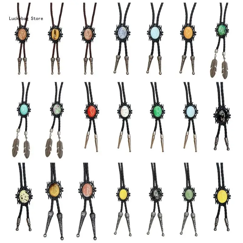 

Western Cowboy Leather Bolo Tie Necklace for Fashion Enthusiasts Vintage Black Frame Stone Pendant Jewelry Necktie