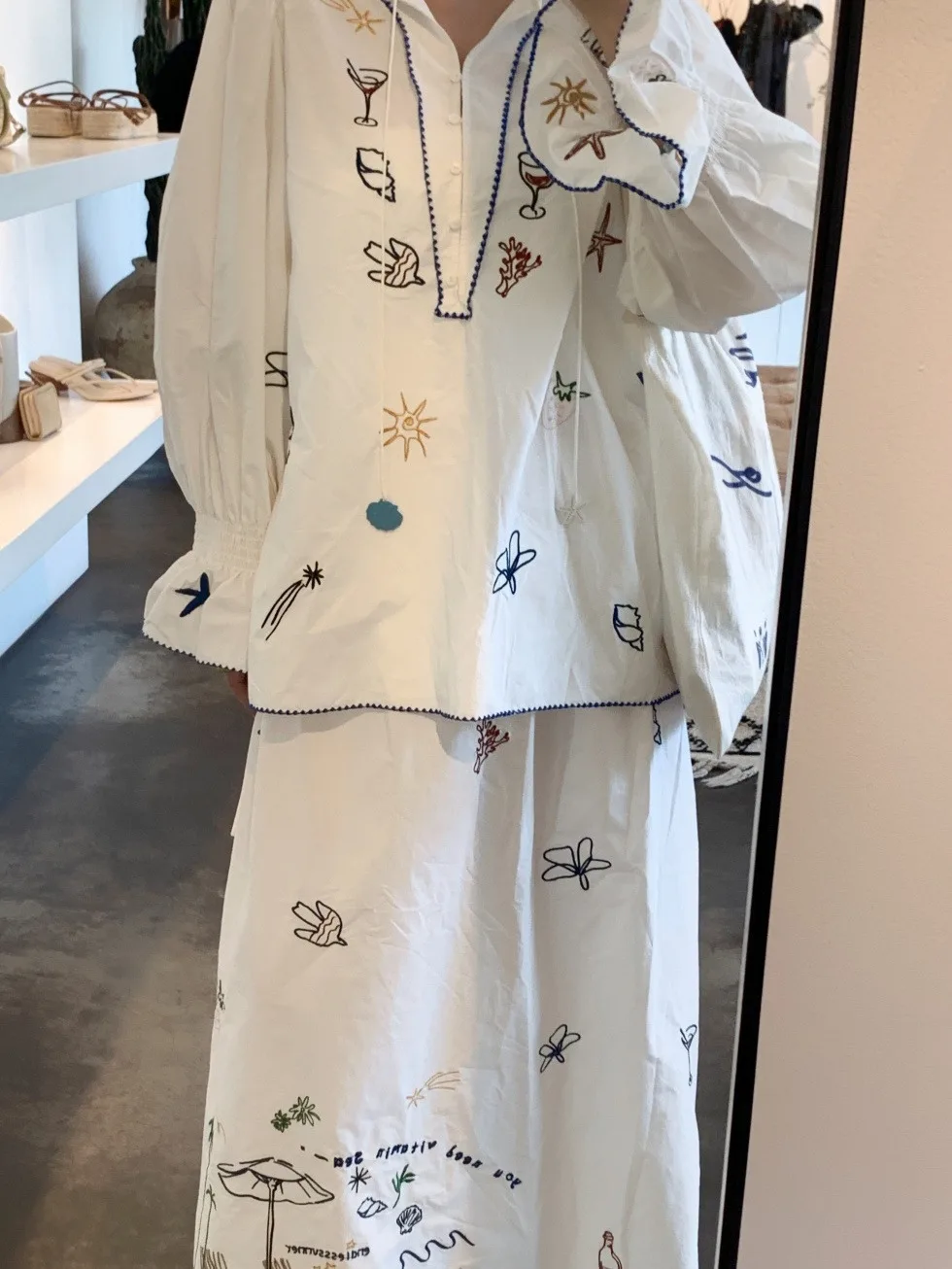 

Retrii Ocean Element Embroidered Comfortable Women's Shirt And Half Skirt Commute Suit Spring Summer Fashion Set Cotton Long ...