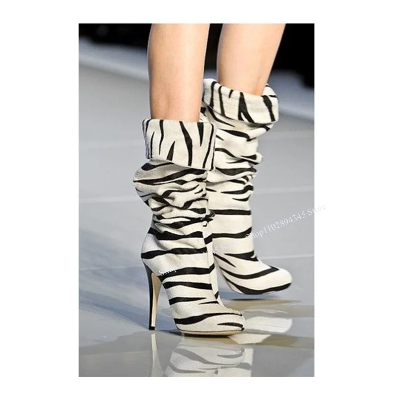 

Zebra Pattern Mid Calf Boots Matte Leather Thin High Heel Pointed Toe Fashion Sexy Western Winter Woman Shoes Zapatilla Mujer