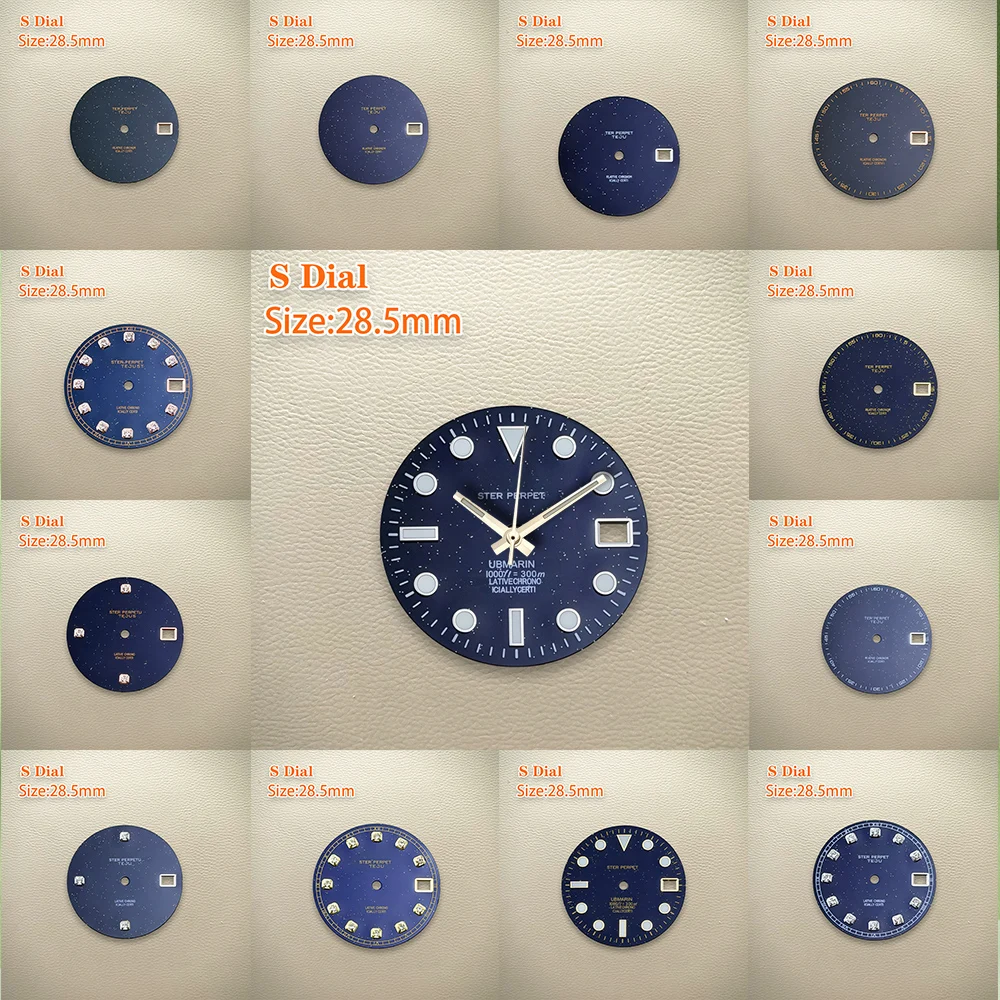 Mostrador S de 28,5 mm, mostrador SUB NH35, mostrador com efeito de céu estrelado e detalhes em diamante, mostrador brilhante, ponteiros luminosos verdes, compatível com o movimento NH36, acessórios para modificação de relógios.