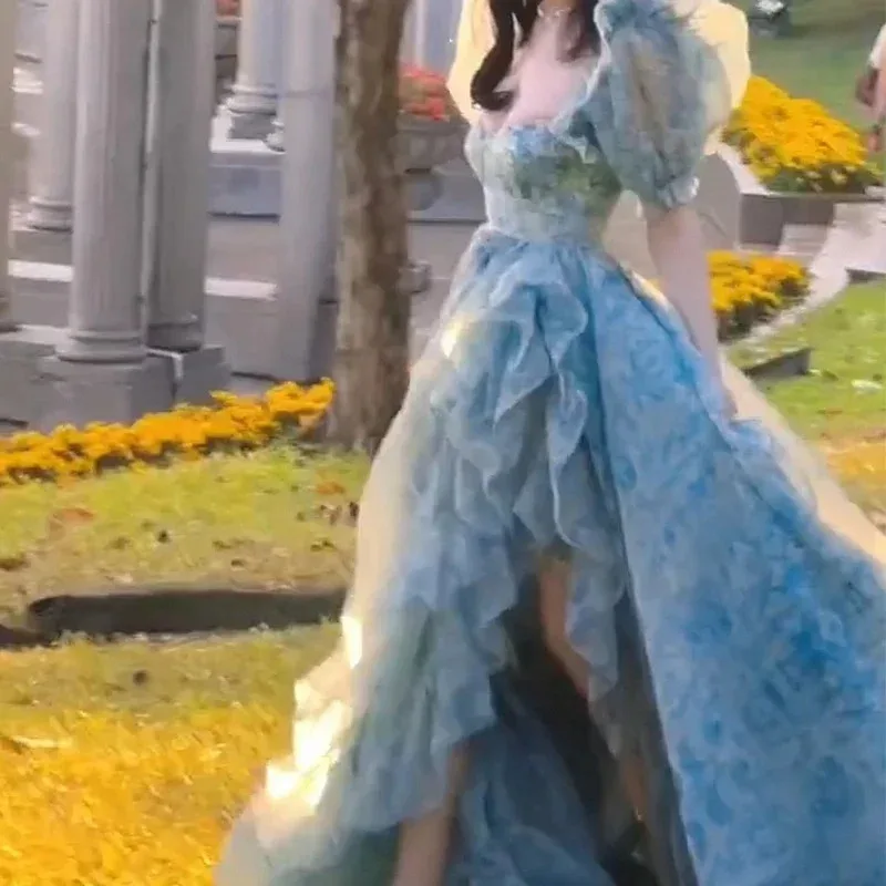 CyElegant 프린세스 플로럴 미디 드레스 여성 퍼프 슬리브 캐주얼 페어리 쉬폰 드레스 2025 겨울 저녁 한국 파티 로리타 드레스