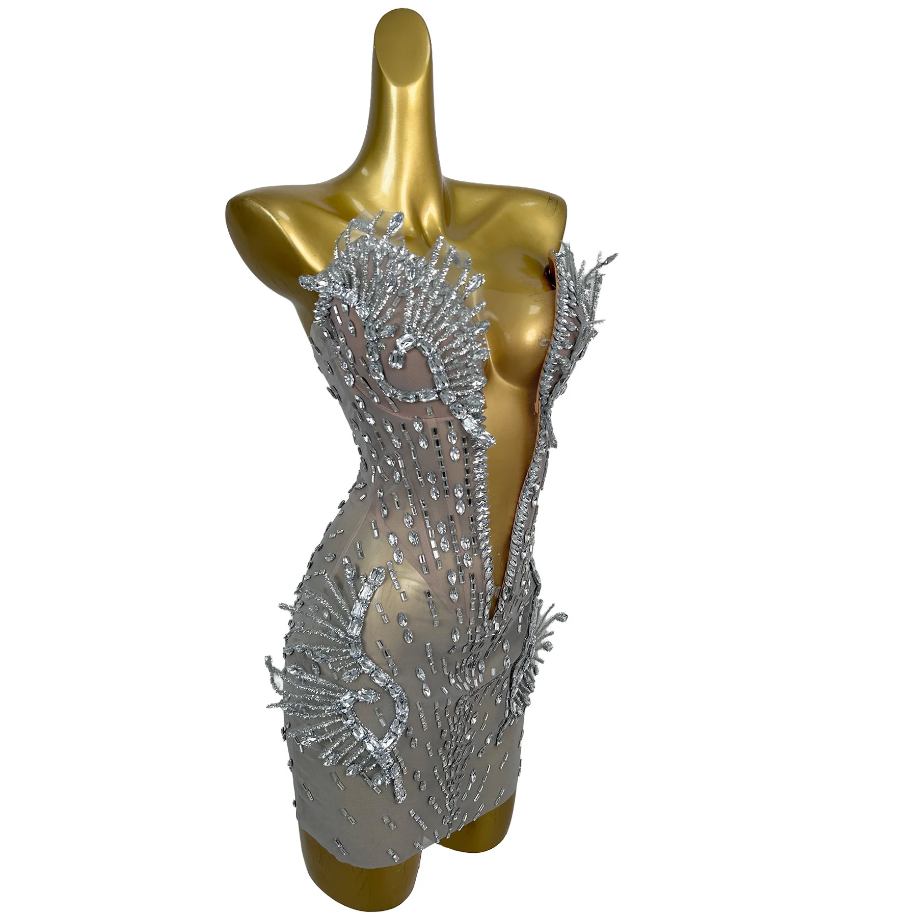 Haima Silver Rhinestone Strapless Mini Dress Sheer Mesh Bodycon Outfit for Stage Performance Evening Party Prom Events