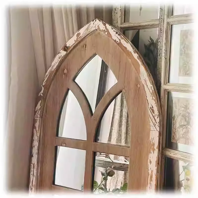 Vintage Distressed Brown Wooden Faux Window Wall Mirror with Gothic Arch Design