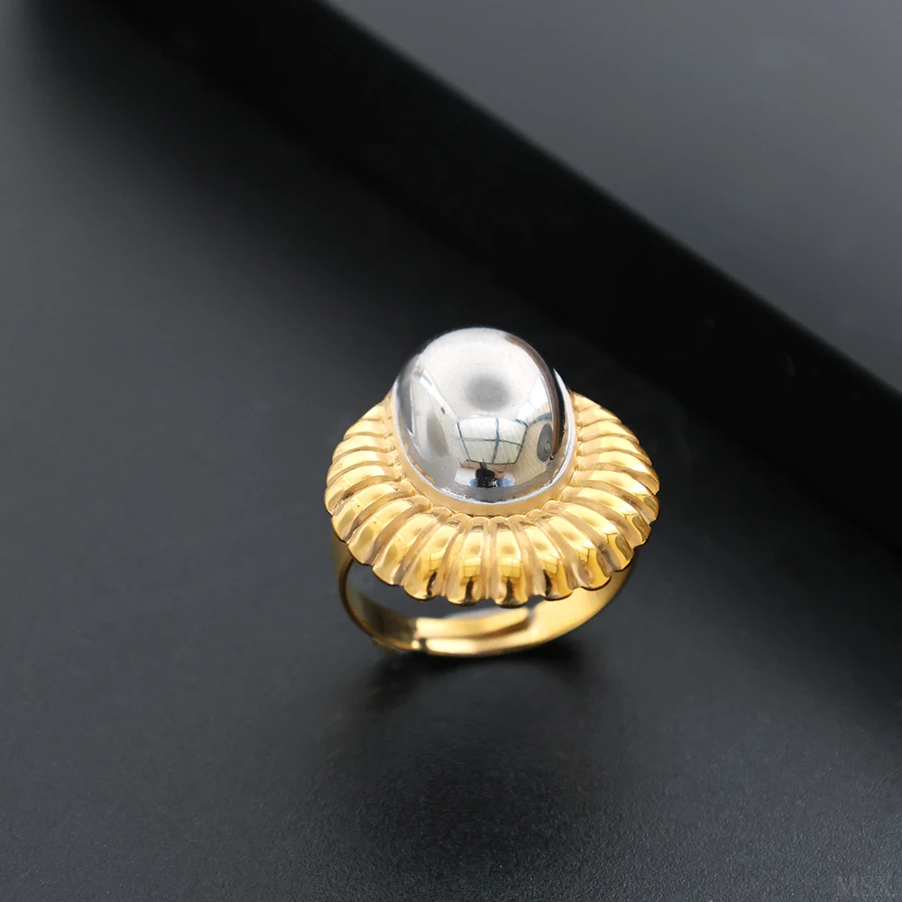 

JOVO LOVE Vintage Temperament Stainless Steel Oval Ring Striped Geometric Flower Texture Women Finger Jewelry Everday Wear Gifts