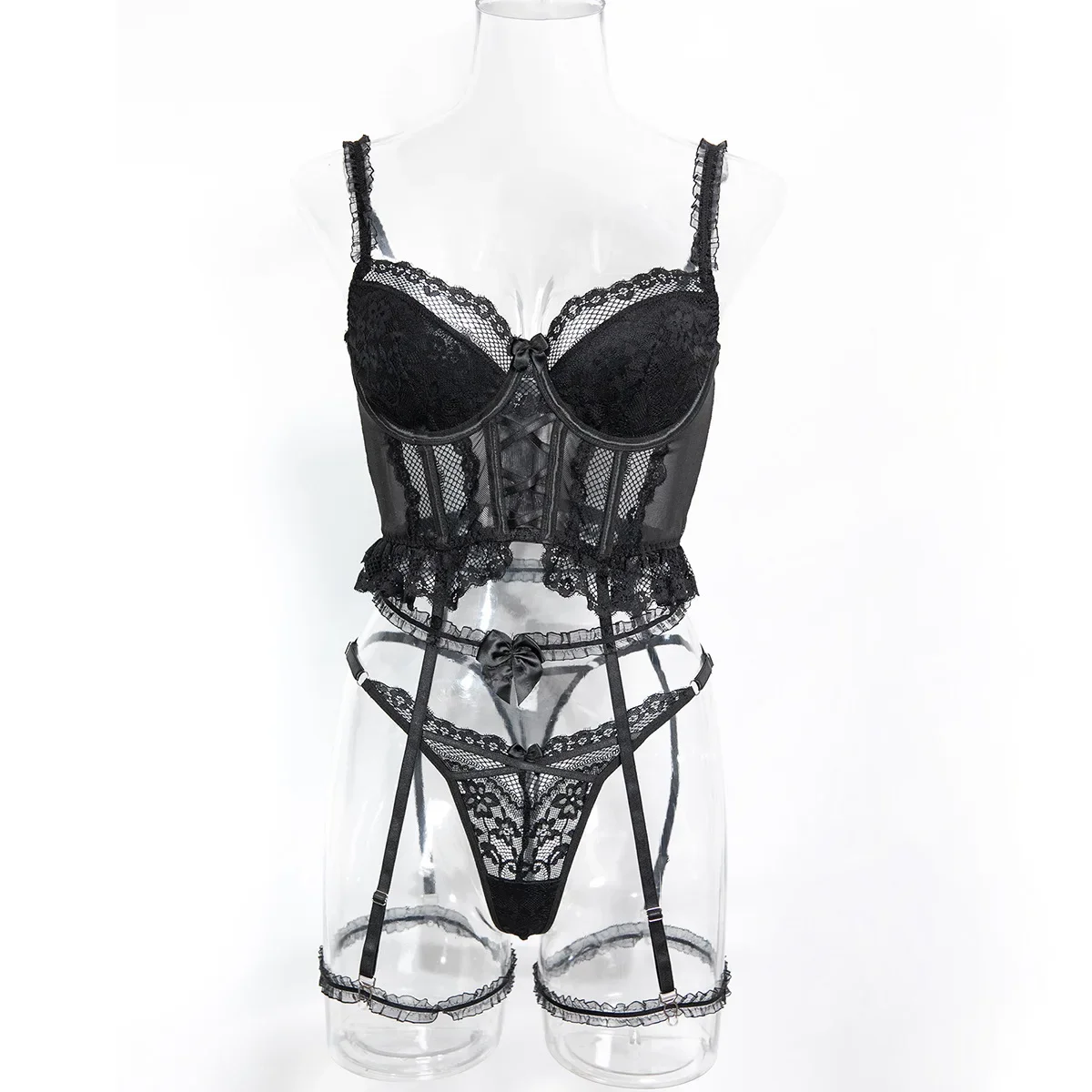

Sexy Black Lace Mesh Sheer Lingerie sets Women bandage Criss Cross Gathering Bra Brief Belt Garer Erotic Underwear Suit