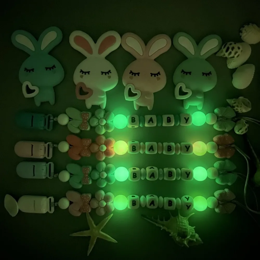 Baby Kawaii Toy Gifts Customized Letters Name Baby Rabbit Silicone Luminous Beads Pendant Pacifier Clips Chains Holder Teether