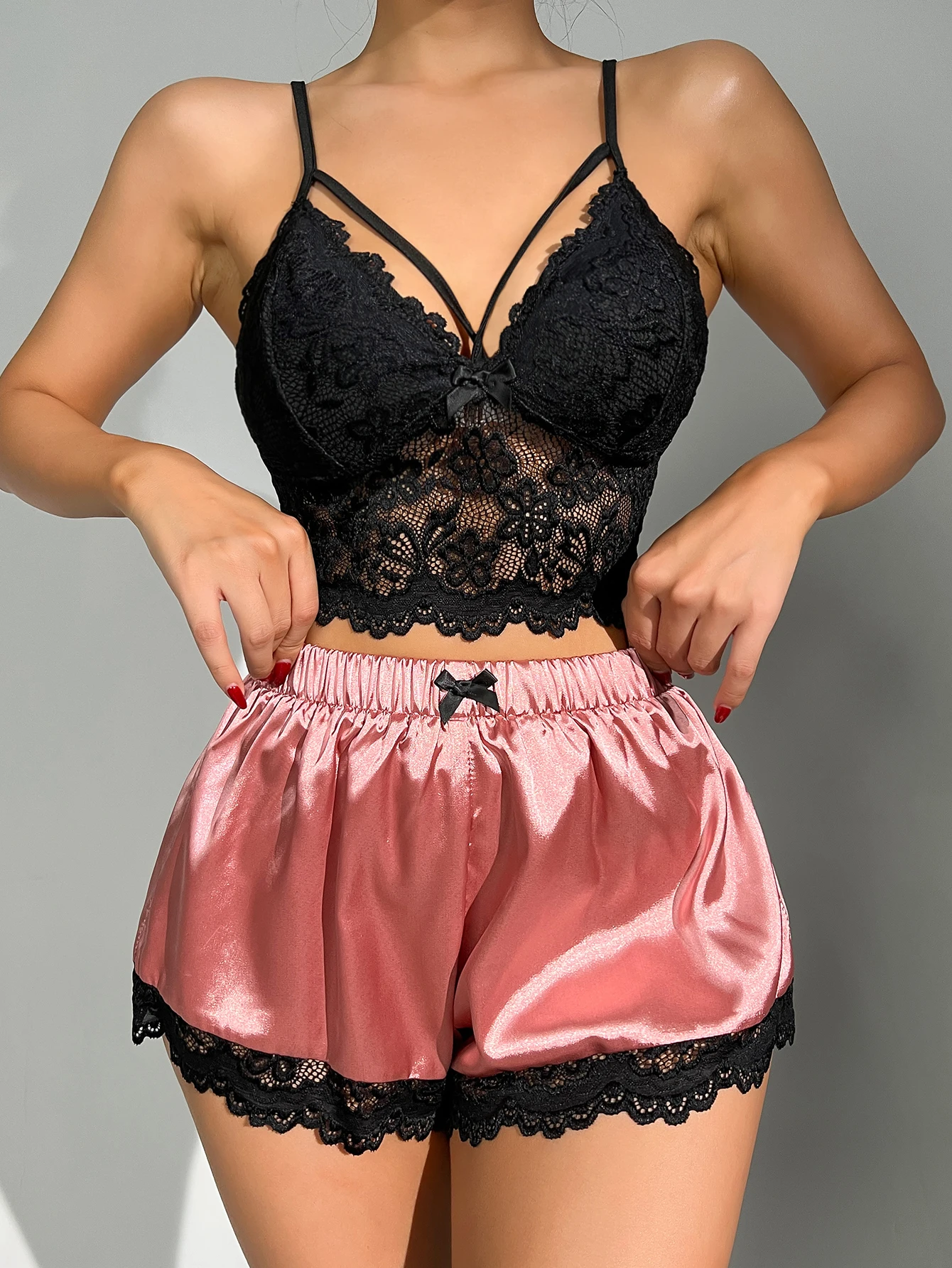 Women\'s Pajamas Set Sexy Transparent  Black Lace Tight Tank Top + Silk Shorts 2pcs Nightwear Summer Home Clothes