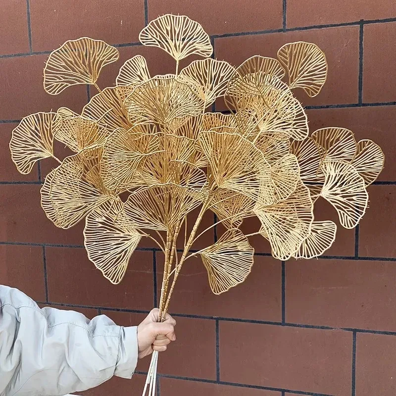 5pcs golden ginkgo eucalyptus holly branches, artificial fan leaf decor for wedding arch home party floral arrangement crafts