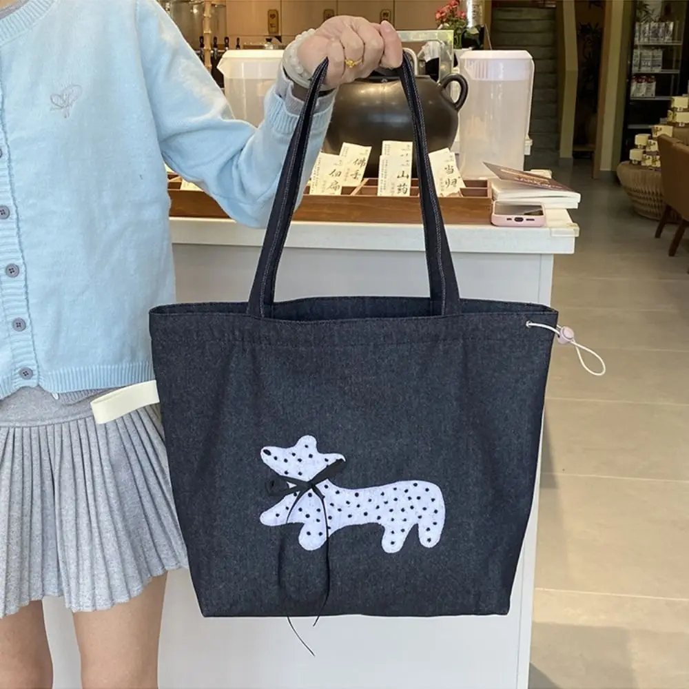 Сумка на плечо с бантом и пятнистой вышивкой на шнурке, парусиновая большая сумка с вышивкой щенка, легкая женская сумка большой вместимости