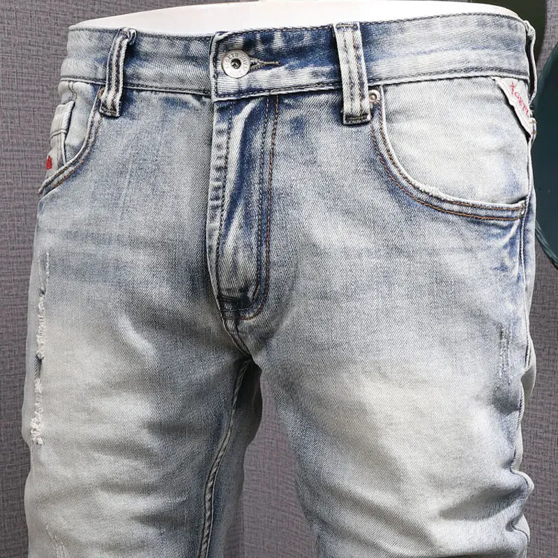 Jeans rasgado elástico azul claro masculino, calça de streetwear, jeans vintage, slim fit, designer, moda retrô