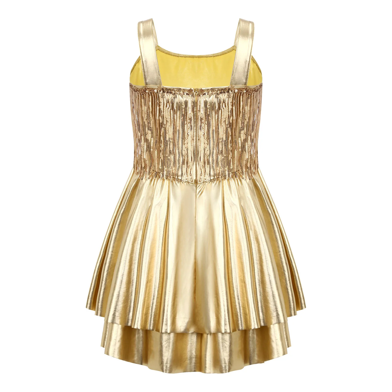 Sukienka dla dziewczynki, metaliczna, błyszcząca, na przyjęcie, z cekinami, frędzlami, bez rękawów, warstwowa, rozkloszowana, na ramiączkach, na konkurs piękności, występ sceniczny, bal taneczny.