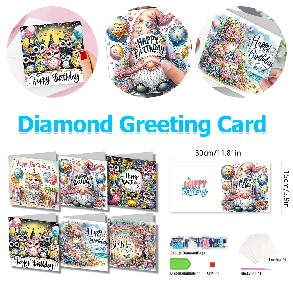 

6 шт., набор открыток для рисования горным хрусталем с днем рождения, алмазная открытка на день желаний, поздравительная открытка с алмазной живописью для праздничных сувениров