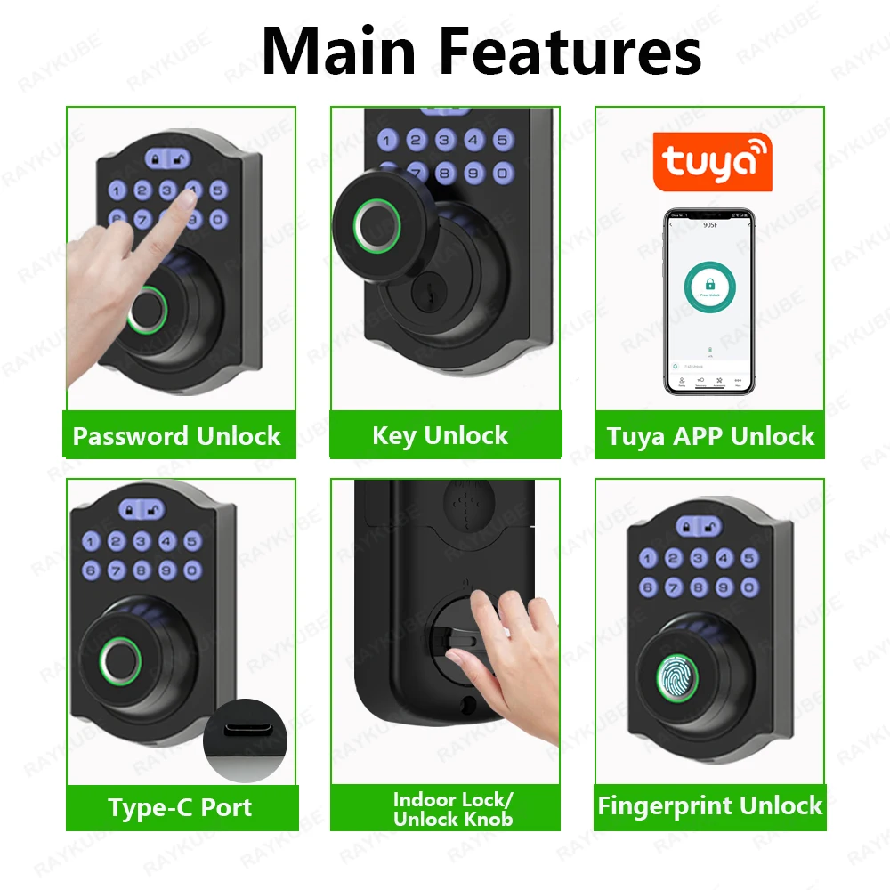 RAYKUBE Tuya BLE Fingerprint Deadbolt Lock Smart Digital Lock With Auto Lock Delay Password/Key/APP Remote Unlock 904F/905F/906F