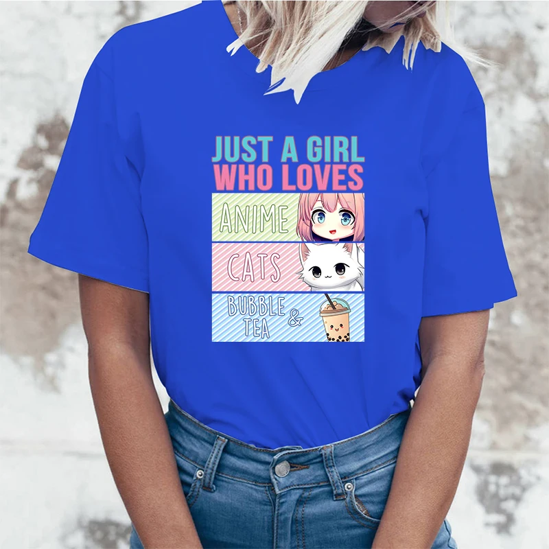 Just A Girl Who Loves Anime Cats Boba T-Shirt Women T Shirt Cosplay Clothes Streetwear Tee Shirt Plus Size Tops