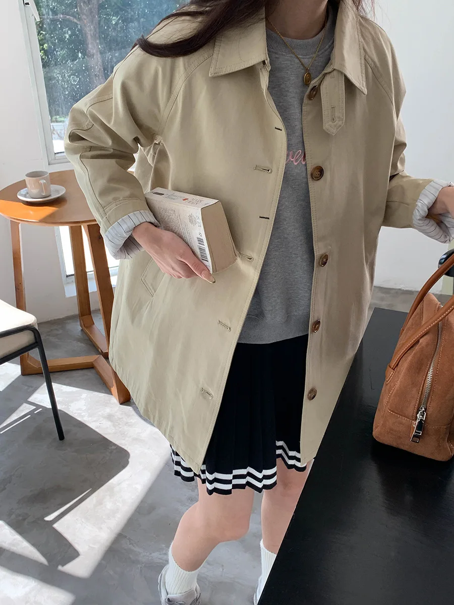 

Autumn and winter women's casual solid color lapel long sleeved loose windbreaker